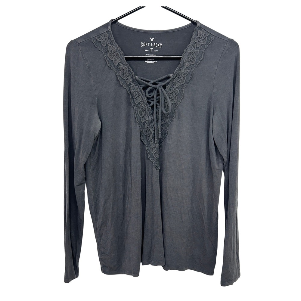 Y2K Lace Up Long Sleeve Top M Gray Lace‎ Trim Coquette Twilight Core Romantic